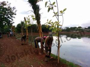  sejumlah pekerja tengah merapihkan tanaman dibantaran Situ Perigi.