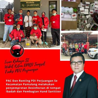 Kader PDIP Pamulang dan Iwan Rahayu pada saat penyemprotan disinfektan di Pamulang.