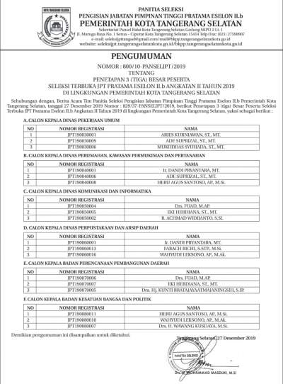 Surat Pengumuman Hasil Seleksi Pansel Tangsel 2019 (by:Hms Tangsel)